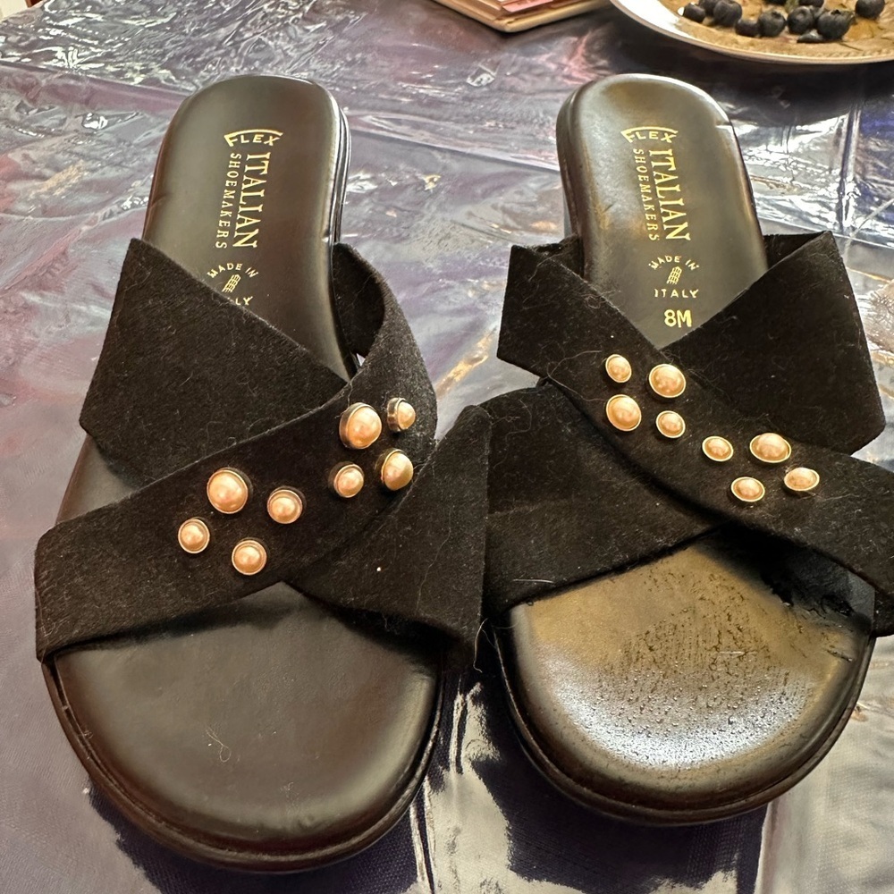 Italian Shoemakers Black Sandals with Gold Accents
